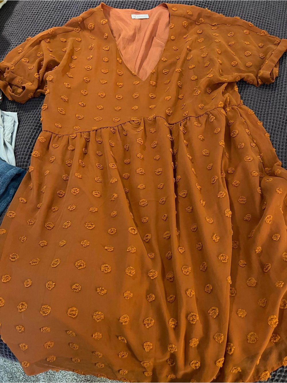 Women's Rust Orange Midi Dress with Textured Dot Detail